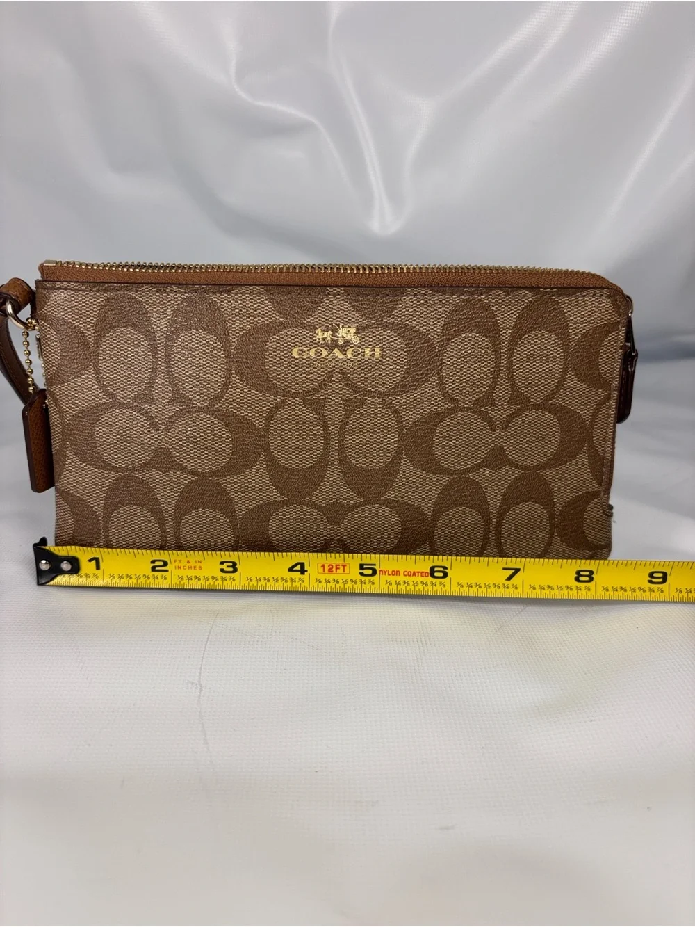 Coach Brown Signature Canvas Wristlet with Gold Logo